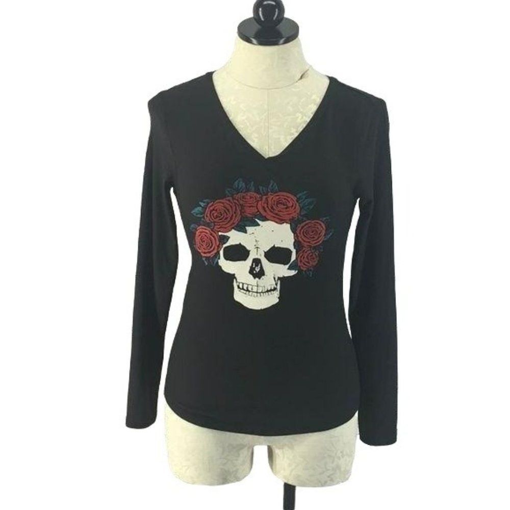 NOBO No Boundaries Woman's Skull Roses Long Sleeve Black T Shirt Size Small